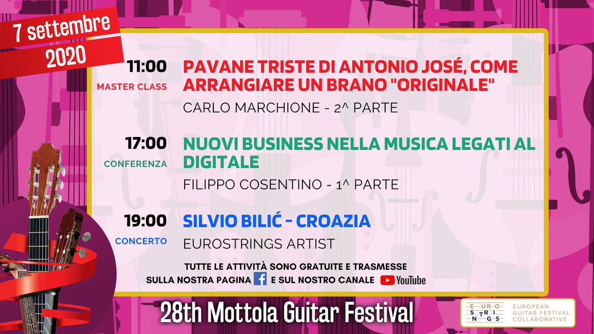 MottolaFestival's tweet photo. Terza giornata del nostro festival online!
Ecco gli appuntamenti di oggi...

Segui la diretta su
👉https://t.co/3r29NA9twB
👉 https://t.co/WYBrCStHrR
👉Segui l'evento su https://t.co/37TrdkADee
-
#mottolaguitarfestival #EuroStrings #CreativeEurope https://t.co/hgqOylbHM6