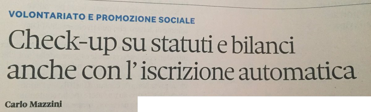 Novità sul fronte #runts e #riformaterzosettore. Oggi su 
<a href="/sole24ore/">IlSole24ORE</a>
 un articolo di 
<a href="/ValeMelis/">Valentina Melis</a>
 e uno mio per capire cosa sta per succedere veramente e cosa fare. Corri in edicola!!!
quinonprofit.it/?p=6488