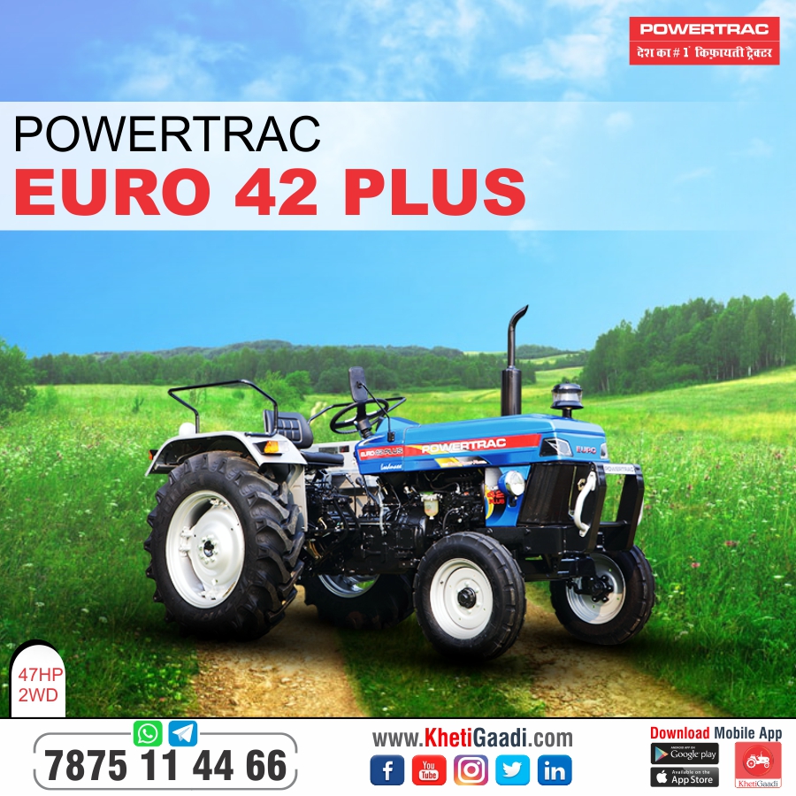 khetigaadi's tweet image. Escorts Powertrac Euro 42 PLUS
✅ 42 HP Engine
✅ 8 Forward &amp;amp; 2 Reverse Gears
✅ 2490 CC Displacement
यहाँ देखे ➡️ khetigaadi.com/new-tractor-mo…

#EscortsTractor #PowertracEURO42 #OnRoadPrice #TractorPrice #BuyTractor #KhetiGaadi