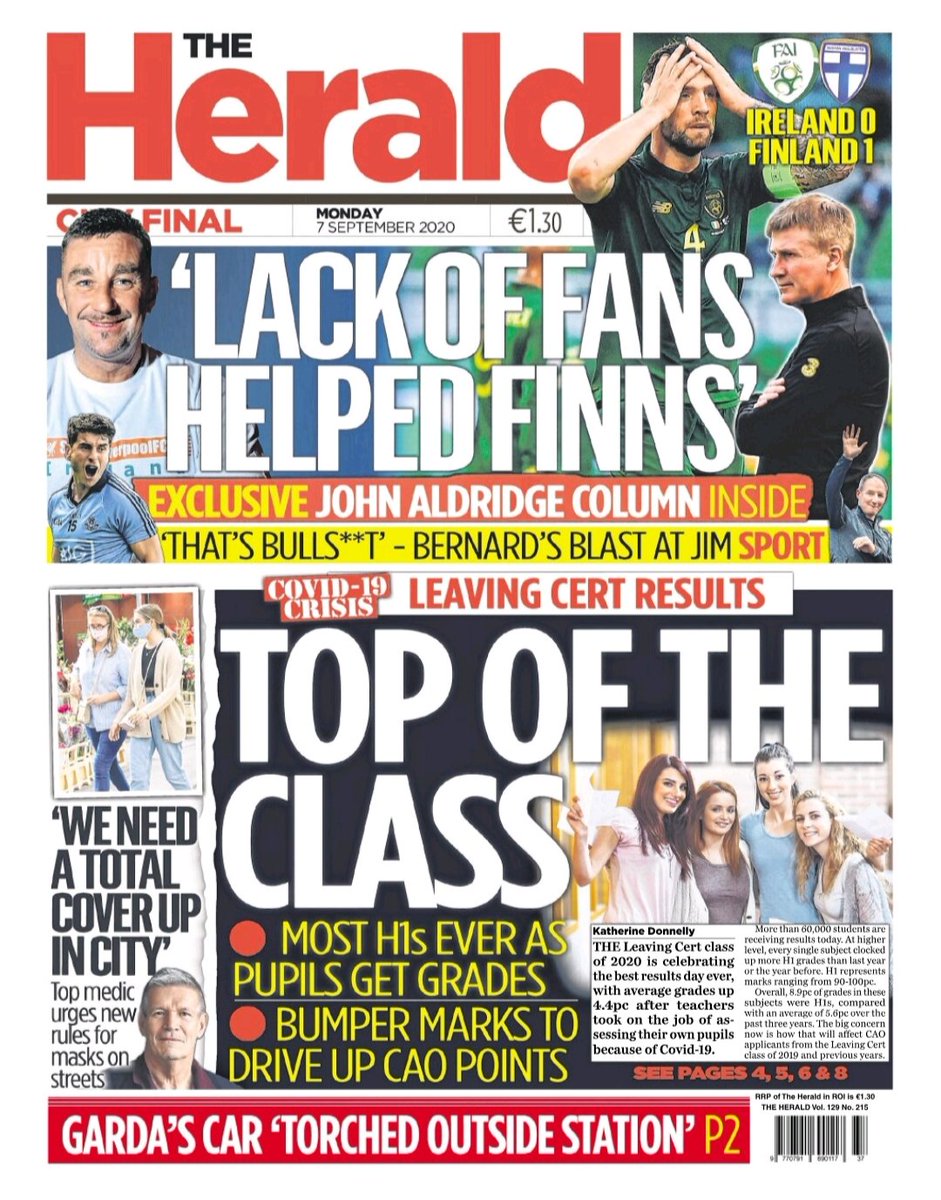 DublinIndo's tweet image. In today's Herald: The Leaving Cert class of 2020 is celebrating the best results day ever, with average grade inflation of 4.4pc after teachers took on the job of assessing their own pupils when the exams were cancelled because of Covid-19. #LeavingCert2020