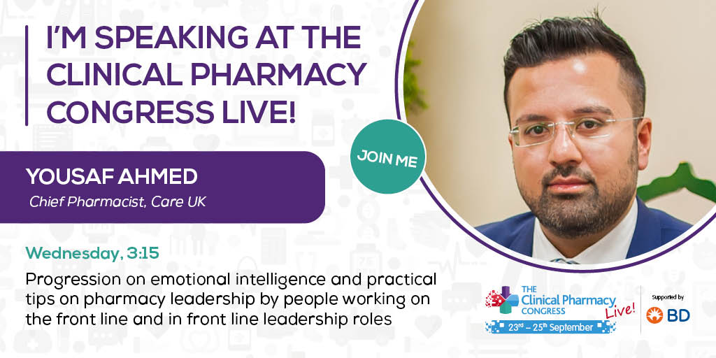 CPCongress's tweet photo. Progression on emotional intelligence and practical tips on #pharmacy leadership by people working on the #frontline and in front line #leadership roles
Join @M_YousafAhmad at 3:15PM, Wednesday 23rd ➡️https://t.co/14KZojlc6v
#CPCLive2020 #speakersCPCLive2020 #prereg20 https://t.co/HQygZ4wwui