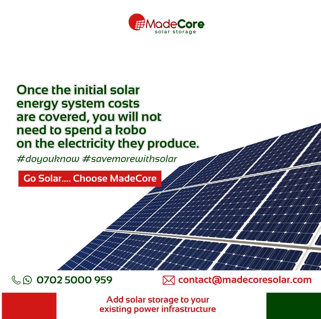 MADECORESS's tweet photo. Clearly #Solarenergy is more #costeffective and reliable than regular #electricity from the grid.....
You can be #unbothered about the new #electricity tariffs hike if you add #SolarStorage to your existing #Power Infrastructure.
#Power20in2020 #MondayMorning #MondayMotivation https://t.co/z6oGKKRt33