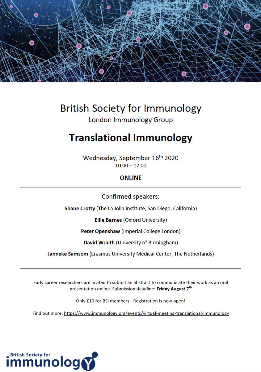 London Immunology (@london_immuno) on Twitter photo Still time to sign up for our virtual Translational Immunology meeting on the 18th September!
We have a great lineup of invited and abstract-selected speakers (see full programme online).
Look forward to some exciting science! ๐ฉโ๐ป๐งโ๐ป๐จโ๐ป
Sign up here: immunology.org/events/virtualโฆ Still time to sign up for our virtual Translational Immunology meeting on the 18th September!
We have a great lineup of invited and abstract-selected speakers (see full programme online).
Look forward to some exciting science! ๐ฉโ๐ป๐งโ๐ป๐จโ๐ป
Sign up here: immunology.org/events/virtualโฆ