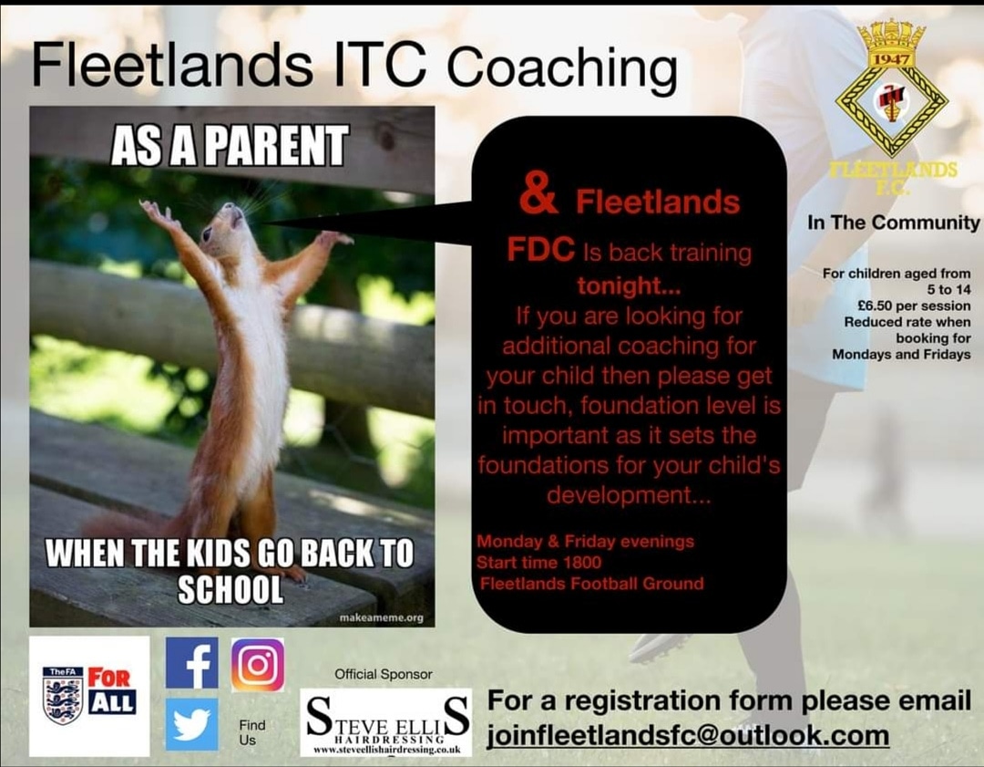FYFCDP's tweet photo. Starting back tonight at Fleetlands Football Club 1800.
Get your child active and involved with football..
Email joinfleetlandsfc@outlook.com
#development
#fun
#LetThemPlay
#fleetlandsfc https://t.co/QcAc1zDwR5