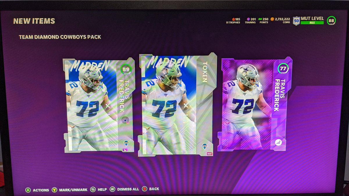 DatNoobADAM's tweet photo. Late late #PathToBarry addition. We got super lucky tonight and pulled Zeke out of a GAG5x 25k #MUTcoin bundle and decided it was a good time to build Frederick. We built the rest of him for just over 206k and he currently sells around 360k. Can't wait to try him out. #Madden21 https://t.co/9P5kppUgdI