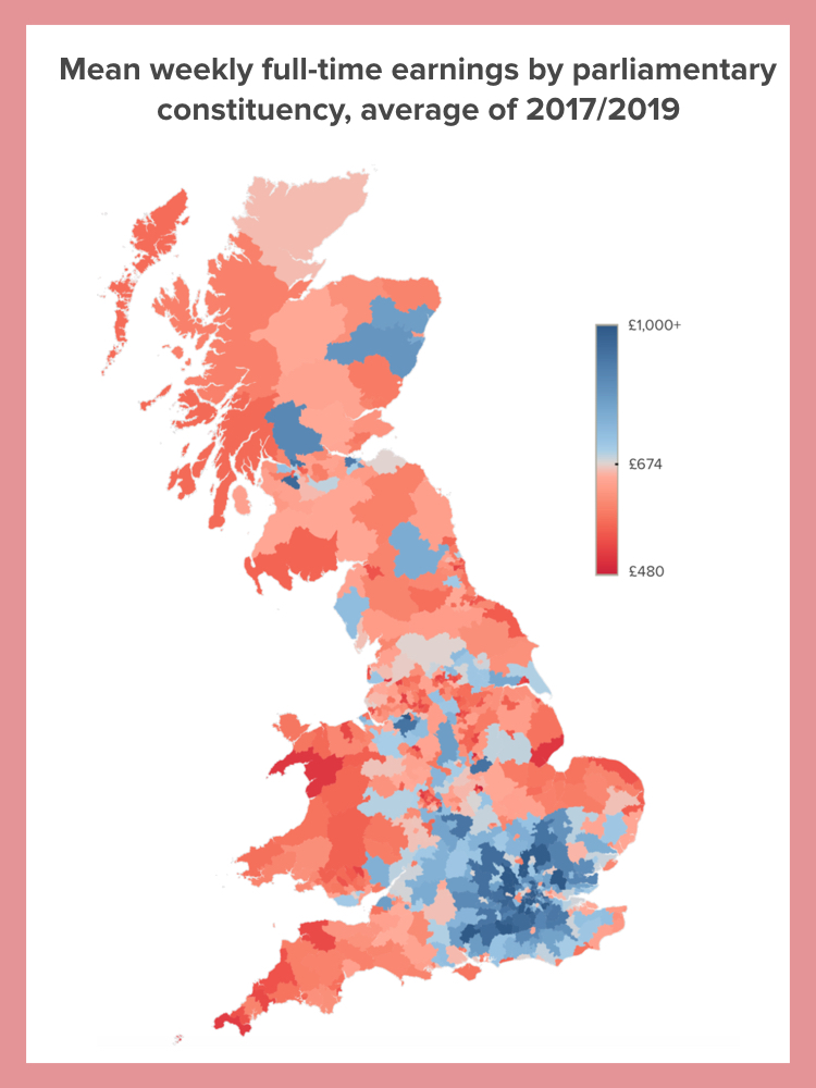 Quick thread on our "levelling up" report today & new Taskforce. Most people know there's a big gap in earnings and incomes between London, the SE & Scotland on the one hand and the rest of the country on the other (map below). But lots turns on how you measure things... (1/15)