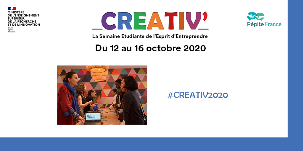 🎓 #CREATIV2020 🚀
Plus qu’un mois avant le début de la semaine #CREATIV2020 !
Envie de devenir entrepreneur ? Participez à la Semaine Étudiante de l’Esprit d’Entreprendre du 12 au 16 octobre 2020. 

➡️ pepite-france.fr/la-semaine-cre…