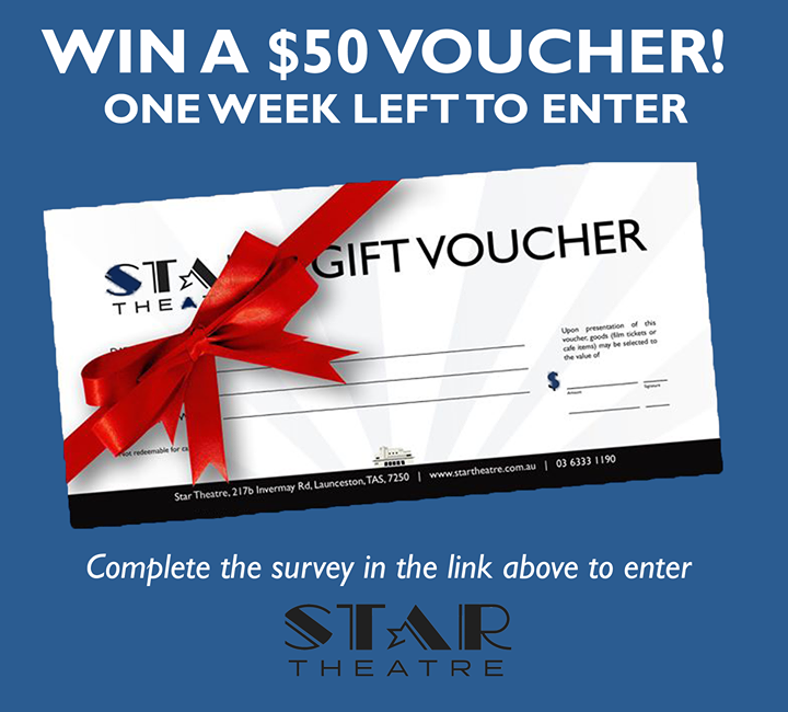 startheatretas's tweet photo. ONE WEEK LEFT TO ENTER OUR COMPETITION!
For your feedback we are offering a $50 Star Theatre Voucher
To enter complete our 10 question survey in the link below.
https://t.co/qQP3gbOwDs

Winner drawn on 12/9/20 https://t.co/nKLNLc05VF https://t.co/IkD9mRAcbf