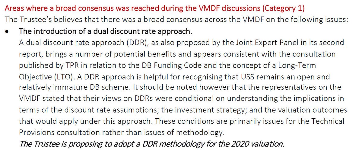 Here's  #USS boldly asserting the introduction of a dual-discount rate as an area of consensus reached by the forum. Except it wasn't. And both  @UCU and  @UniversitiesUK representatives warned that it wasn't pre-publication when we were asked for comment. 2/