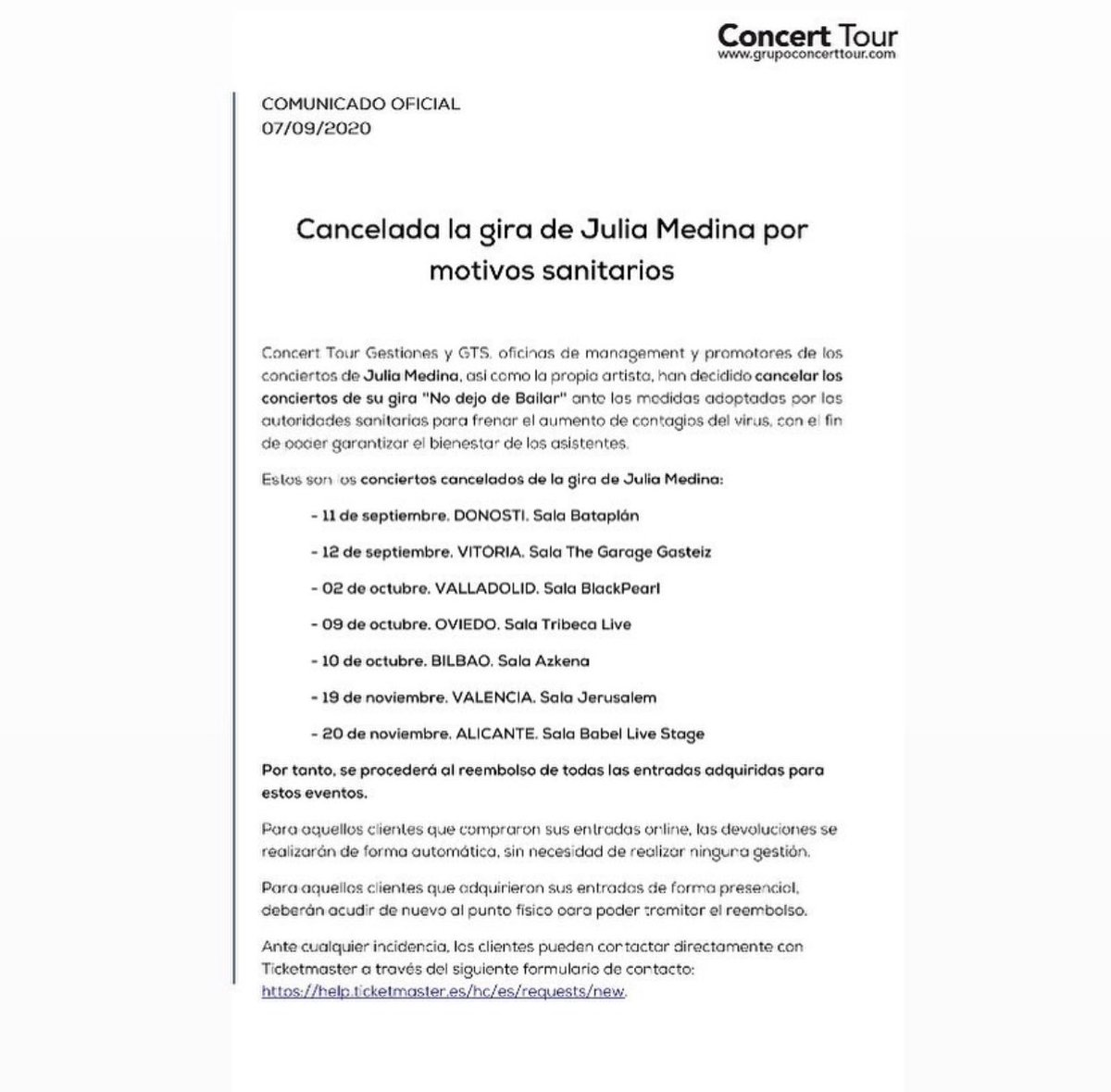 CFOJuliaMedina's tweet photo. 🔴 Os informamos que la gira No Dejo de Bailar ha sido CANCELADA, en la imagen tenéis toda la información 😔

Por lo tanto, el último concierto de @itsjuliamedina será este lunes 14 de septiembre en el Cabaret Festival de Granada 🎪 https://t.co/now97AHJBu