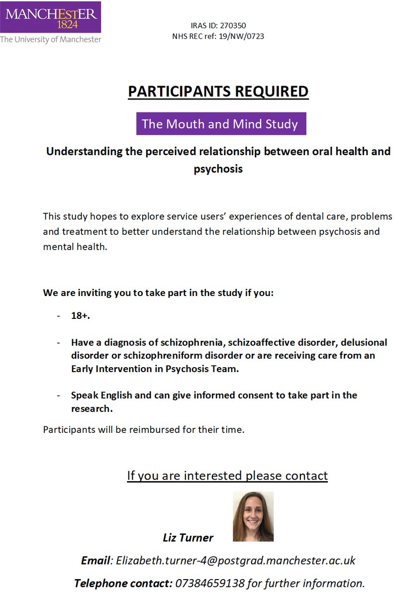 Recruiting for study: 
Are you 18+ and have experiences of psychosis? If so, get in touch using the details below to take part in our study about #oralhealth #psychosis <a href="/kberry76/">Katherine</a> @JPalmierClaus  <a href="/DrLeahQuinlivan/">Leah Quinlivan</a>
