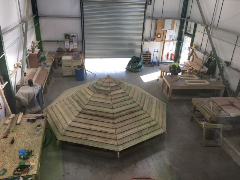 TIMOTAY_PLAY's tweet photo. All of our projects are manufactured in-house by our skilled team of wood craftsmen. Here is a recent project in progress #manufacturing #playgroundconstruction #playgroundequipment #playmatters #timotayplayscapes https://t.co/sZPKqlpXyz