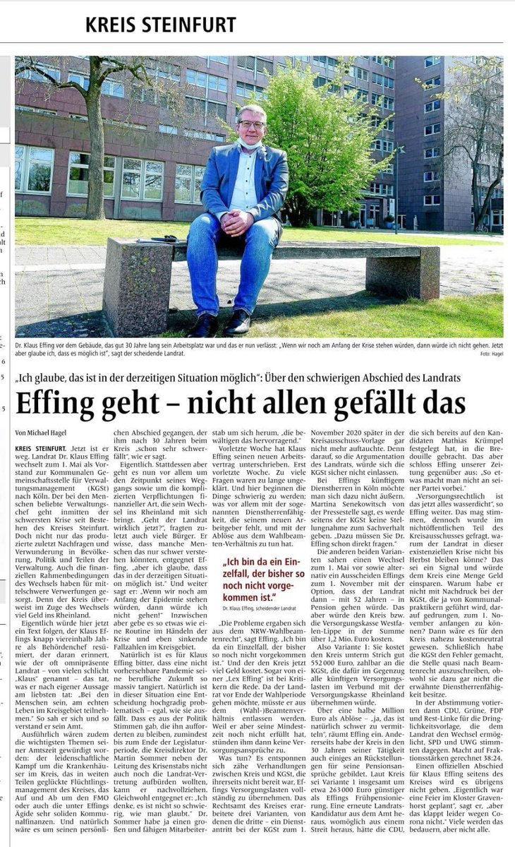CDU Landrat geht freiwillig, bekommt im neuen Job mehr Geld. CDU, FDP, Grüne geben ihm freiwillig, ohne gesetzliche Grundlage  eine halbe Million Euro Mitgift. Die CDU will bei freiwilligen Leistungen 10 % kürzen. Für mich einer der größten Skandale im #KreisSteinfurt.