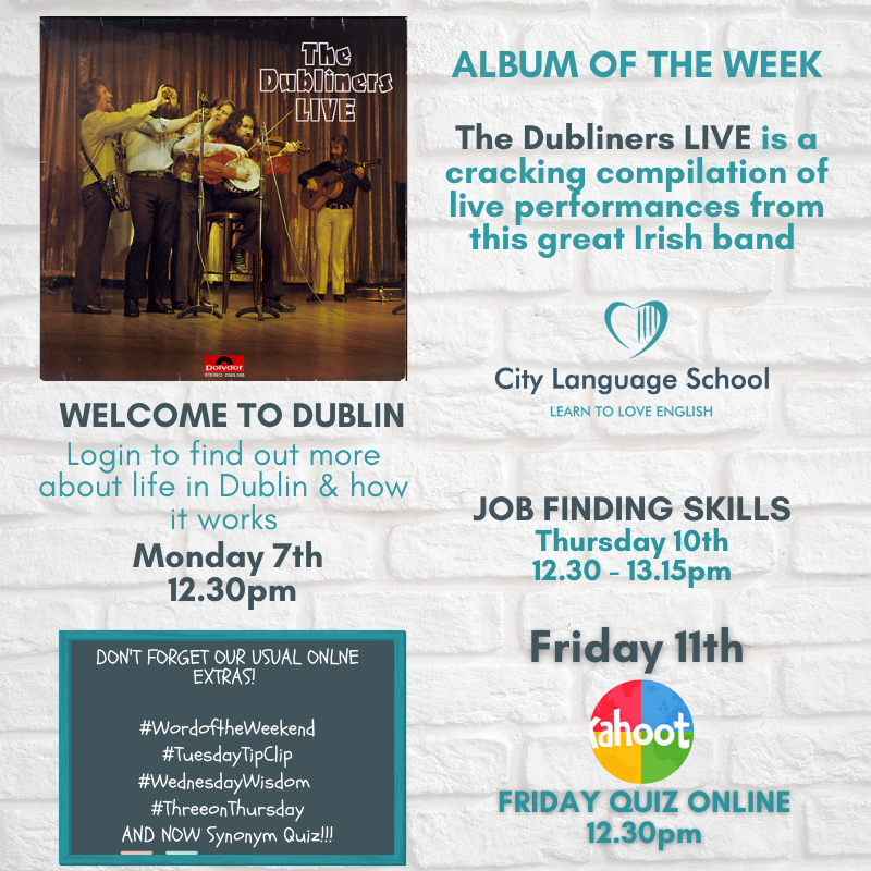 CLSDublin's tweet photo. The EVENTS WALL is up and there's plenty to tune into this week

~ Life in #Dublin
~ Listen to the #Dubliners
~ Help with #FindingworkinDublin
~The #FridayQuiz and all the extra free learning materials

#LearnEnglish #LoveDublin #Music #IrishMusic #jobfairy #workinDublin https://t.co/ZwTgCrI6np