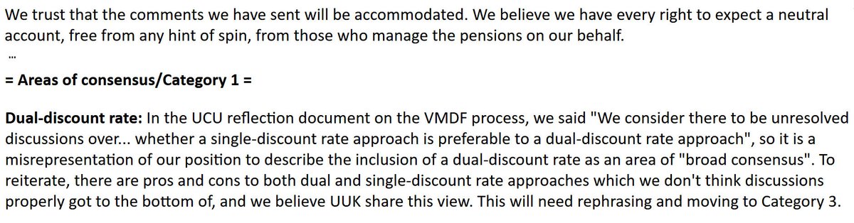 Want proof? Here's what  @UCU said to  #USS: 'it is a misrepresentation of our position to describe the inclusion of a dual-discount rate as an area of "broad consensus"... and we believe UUK share this view.' 3/