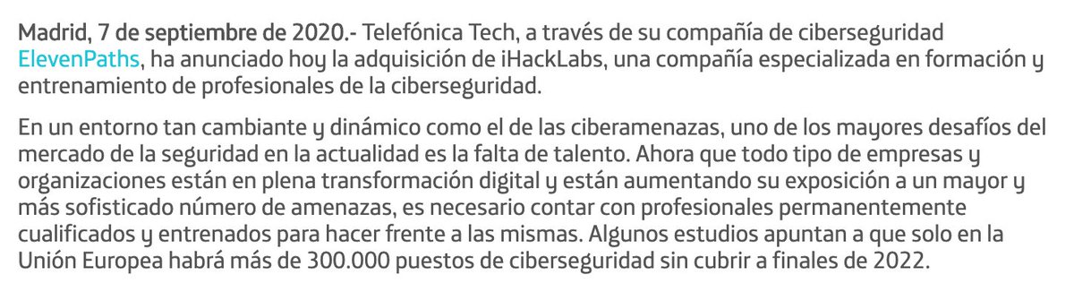 Welcome to <a href="/ElevenPaths/">ElevenPaths | Part of Telefónica Tech</a> friends of <a href="/IHackLabs/">iHackLabs</a>  telefonica.com/es/web/sala-de… Let´s hack the future together }:)