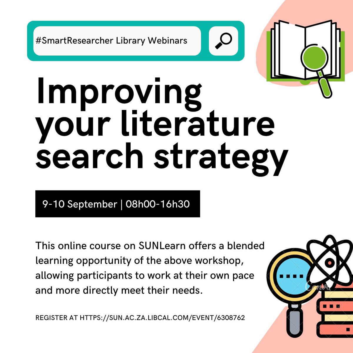SuMBHG's tweet photo. #SmartResearcher
9-10 September | 08h00-16h30
Learn to improve your literature search strategy to get the best possible results when searching for information in databases.
To register visit: https://t.co/Te4ZWBG0HY https://t.co/xgV7LHsKPz