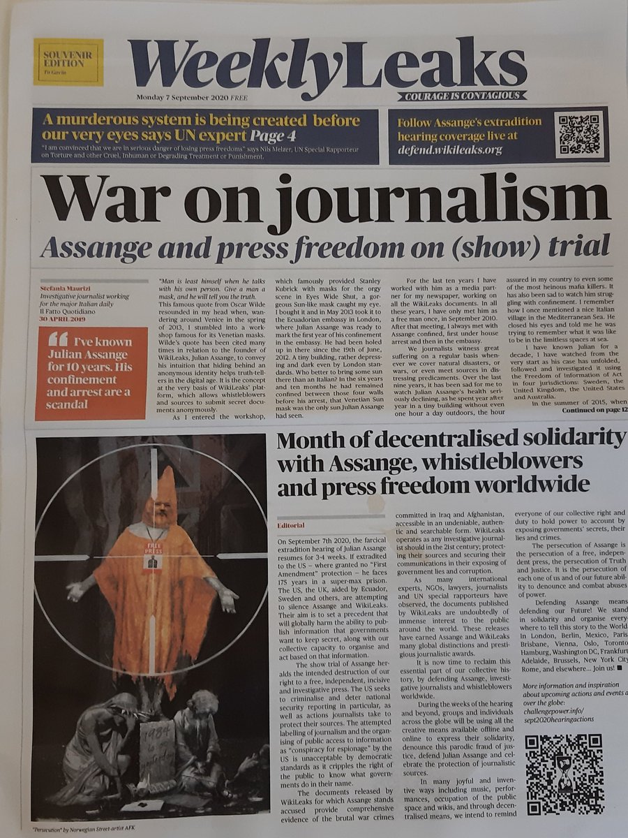 DavidhBrown's tweet photo. Julian #Assange supporters have produced their own newspaper being distributed outside Old Bailey at start of #Wikileaks extradition trial. #WeeklyLeaks https://t.co/DeWjk04aVT