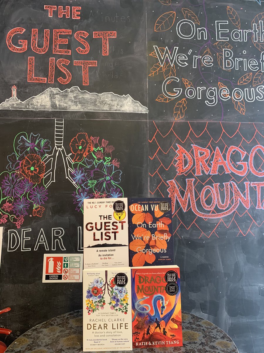 We had a lot of fun with the book of the month chalkboard yesterday - lots of copies of these brilliant books in store! #theguestlist #onearthwerebrieflygorgeous #dearlife #dragonmountain #botm