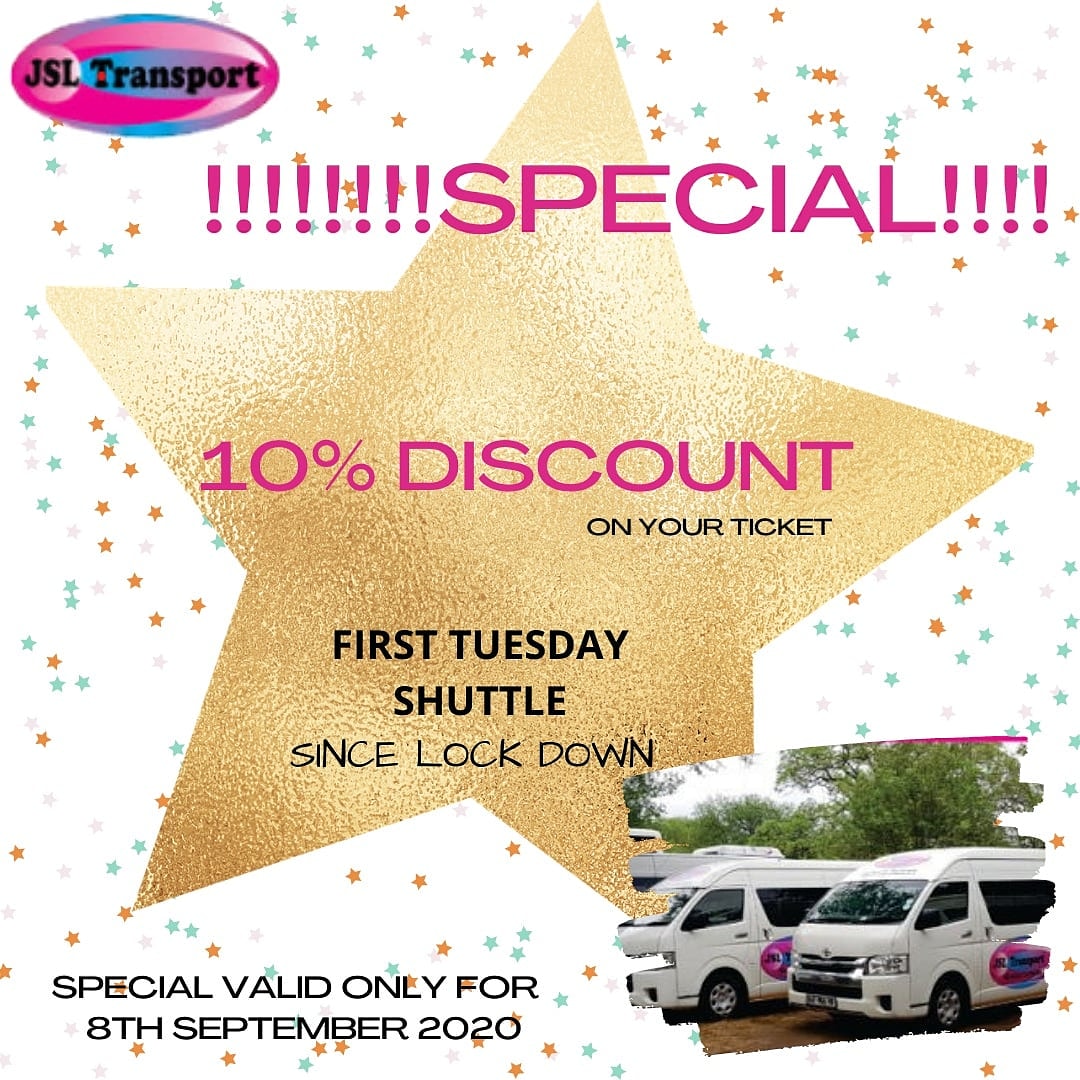 Get your 10% discount for tomorrows #ticket

Contact:
083 785 4779 / 076 849 0965
tickets@jsltransport.co.za
jsltransport.co.za

#Tuesday #special #shuttle #Komatipoort #Gauteng