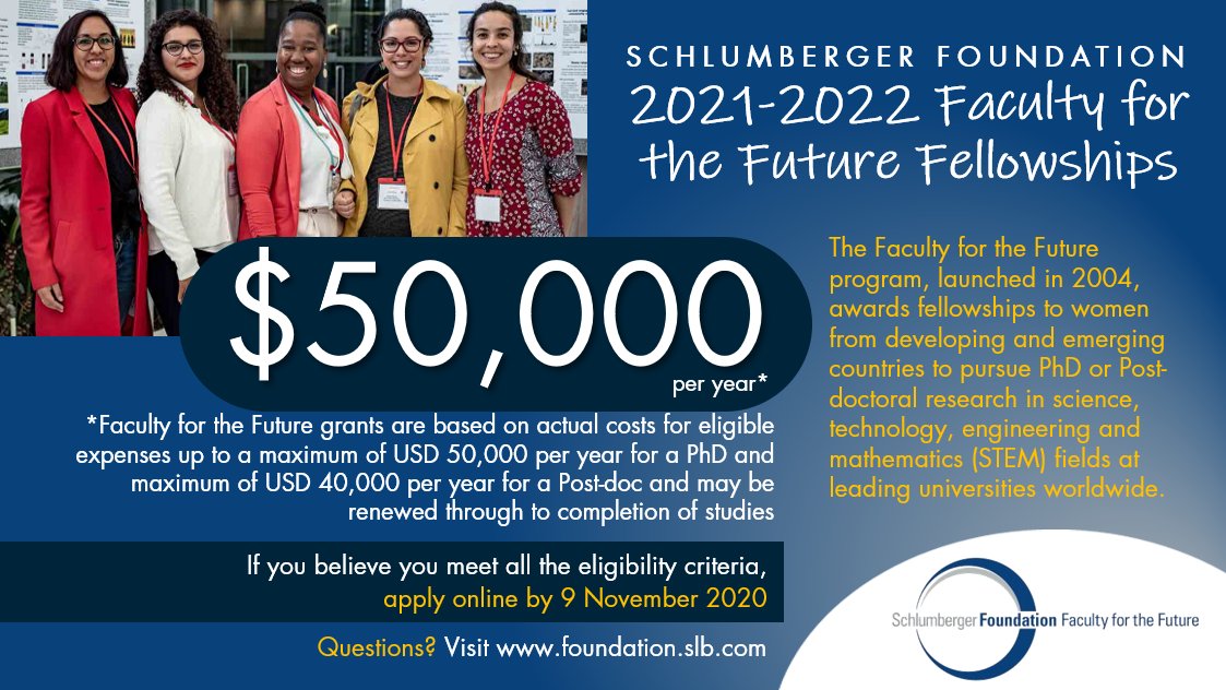 UCTpostgrads's tweet photo. 3 wks left to apply! Faculty for the Future program awards fellowships to women from developing &amp; emerging countries to pursue PhD or Postdoc research in #STEM fields at leading universities worldwide. https://t.co/yoBedkR7cD @BWIS_SA @FabAcademic @SAYAS_SA @DWYPD_ZA https://t.co/vO1ZvOzQ1M