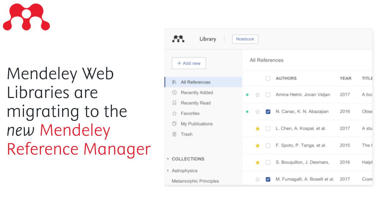 mendeley_com's tweet photo. Today all Mendeley web libraries will automatically migrate to the new Mendeley Reference Manager! With new features and functionality, you’ll be able to manage your references even more efficiently. Find out more: https://t.co/9tOC9HFc01
#ReferenceManagement #WebLibrary https://t.co/GlY6Kn3yWr