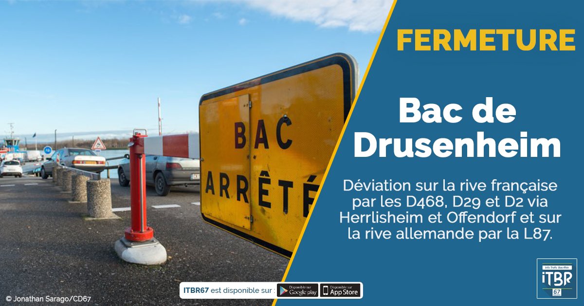ITA6768's tweet photo. Bac de #Drusenheim fermé jusqu’au 15 janvier 2021 pour des travaux d'entretien et maintenance programmé. Déviation sur la rive française par les D468, D29 et D2 via #Herrlisheim et #Offendorf et par la L87 sur la rive Allemande. https://t.co/TTH0jjxkva