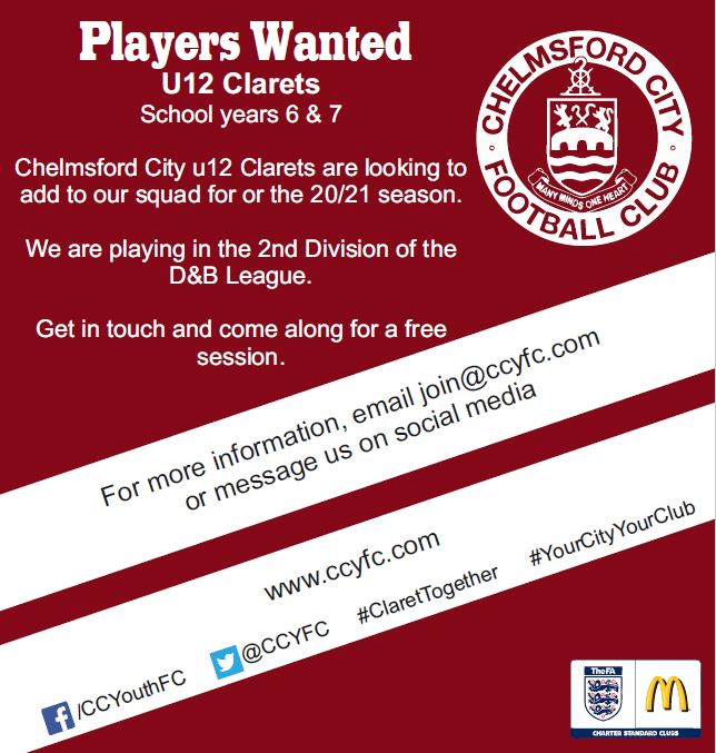 CCYFC's tweet photo. Final spaces available at U12!
@DengieYouth @OfficialClarets @EssexCountyFA #SquadBooster https://t.co/UHc961wLVl