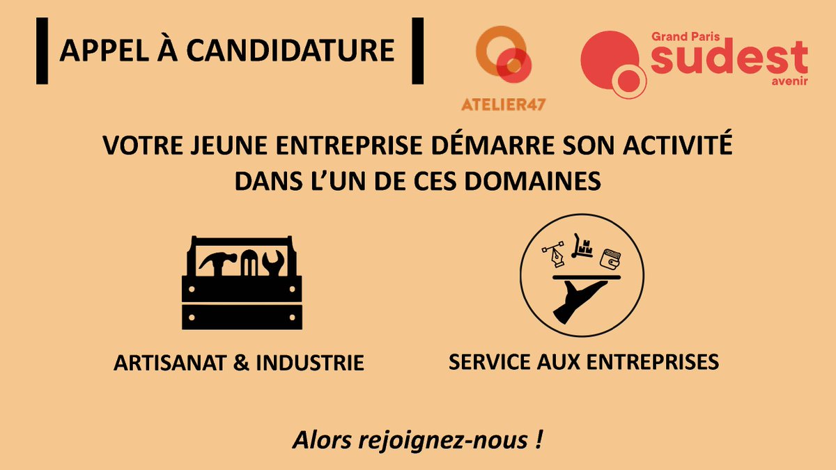 sudestavenir's tweet photo. [APPEL A CANDIDATURE]

 Vous recherchez des locaux et un suivi personnalisé pour votre jeune #entreprise ?  Votre #projet est créateur d’#emplois ? Contactez-nous : economie@gpsea.fr ou au 01 41 94 32 42  #Atelier47 #artisanat

@BGEPaRIF @CCI94 @RsoEntreprendre @ecogpsea #VMAPI https://t.co/X6G0WS9pc4