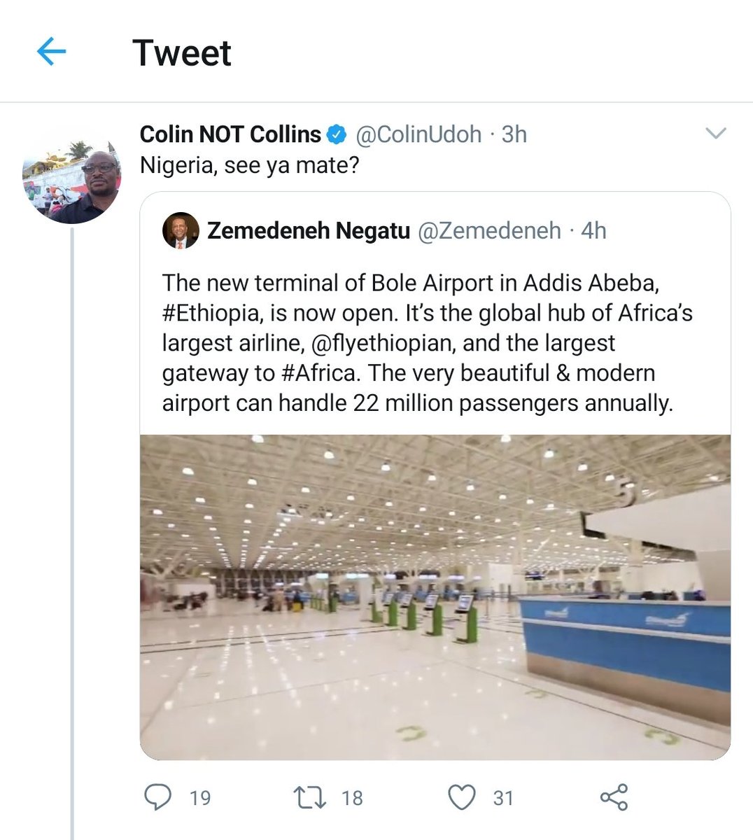 Nigerians will praise an airport in Ethiopia funded and built by the Chinese. Ethiopia has racked up $14bn in Chinese loans. Nearly half of their foreign debt is owed to one country tied to infrastructure. Ethiopia with $91bn GDP, same with Lagos, 54% debt to GDP ratio..