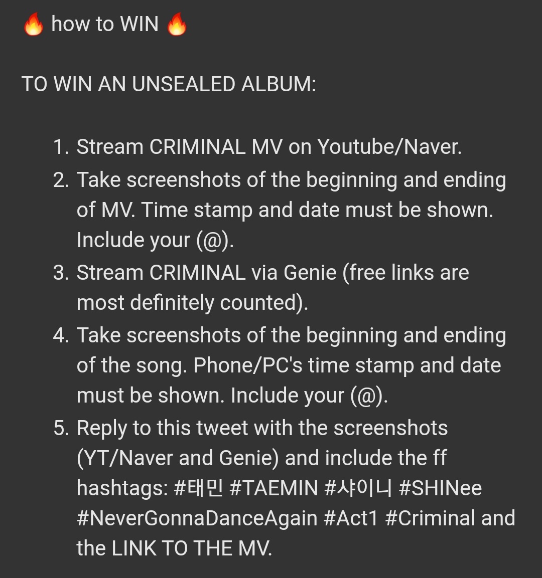 veekimoo's tweet photo. 🔥 #TAEMIN #NeverGonnaDanceAgain #ACT1 #Criminal GIVEAWAY 🔥
🇵🇭 ONLY

Show proof of streaming/voting &amp; get a chance to win the ff:

2 NGDA Act 1 Album sealed (may add more)
4 NGDA Act 1 Album unsealed 
3 Random Official Taemin Goods

MV: https://t.co/YLyCbrgYkx

Instructions👇 https://t.co/yyOmTUhiNg
