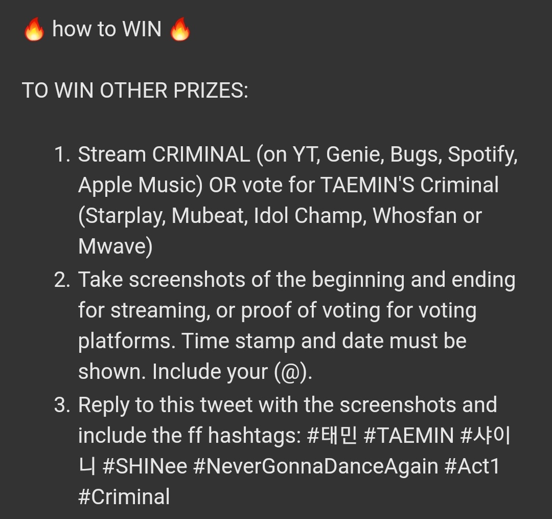 veekimoo's tweet photo. 🔥 #TAEMIN #NeverGonnaDanceAgain #ACT1 #Criminal GIVEAWAY 🔥
🇵🇭 ONLY

Show proof of streaming/voting &amp; get a chance to win the ff:

2 NGDA Act 1 Album sealed (may add more)
4 NGDA Act 1 Album unsealed 
3 Random Official Taemin Goods

MV: https://t.co/YLyCbrgYkx

Instructions👇 https://t.co/yyOmTUhiNg