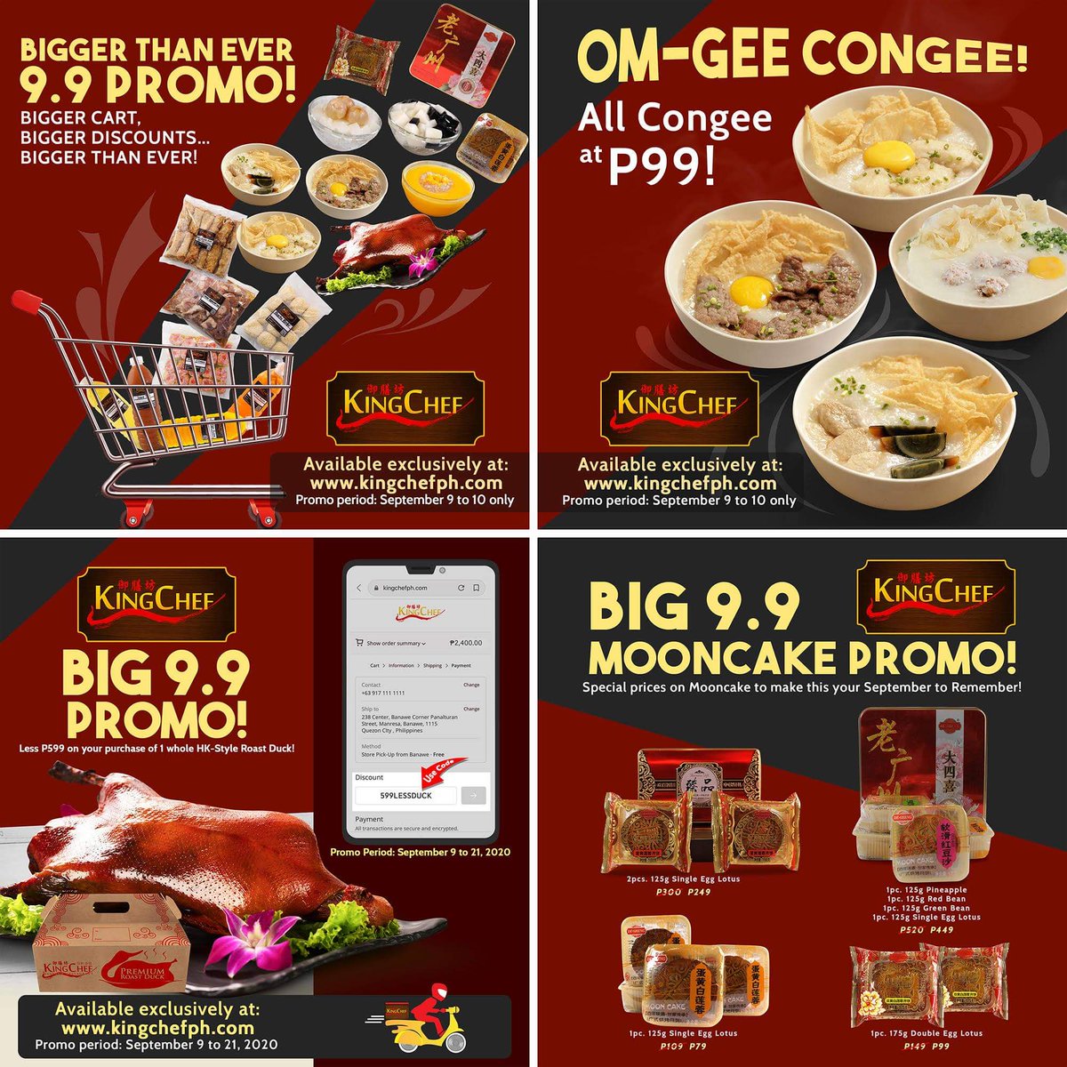 kingchefph's tweet photo. SWEET DEALS starting 9.9!

✔P599 OFF on 1 Whole HK Style Roasted Duck
✔ P99 OFF on Frozen Dimsum
✔ All Congee at P99
✔ Mooncake Sale
✔ 50% OFF on Selected Drinks &amp; Desserts

Make sure to mark that calendar... amazing deals await you on 9.9! https://t.co/M2fKHHALnN
