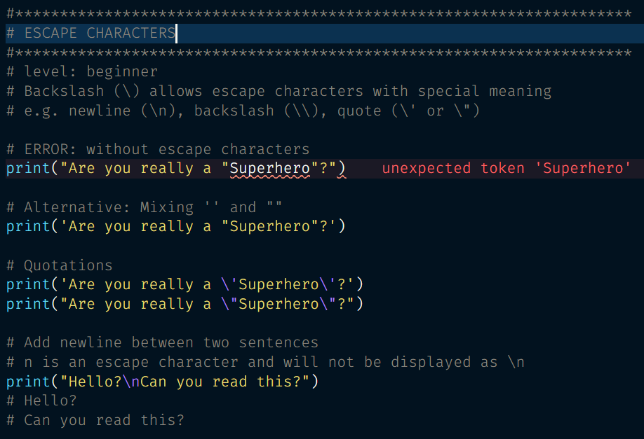 forknpipe's tweet photo. Are you an escape character?
Quite handy to know what a backslash does in a string.

TIP for Windows users: 
Use a slash "/" instead of a backslash "\" for your paths. Windows works fine with them too.

#pythonprogramming #python #vfx #scripting #3dartist  #coding #pythonpost https://t.co/T7yGsbqHGX