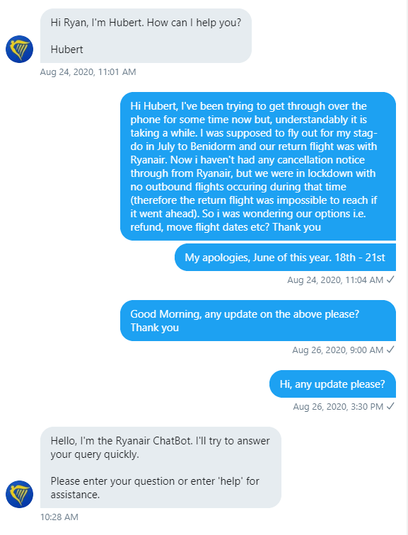 RyanMcsweeney11's tweet photo. @Ryanair what a joke of a company you are. U wont let me rebook my return flight from June because the flight went ahead.. but wait, we weren't allowed out of the country in June so could never have made that return flight anyway! Twitter customer service was great too.. #Ryanair https://t.co/l62C0vcLMs