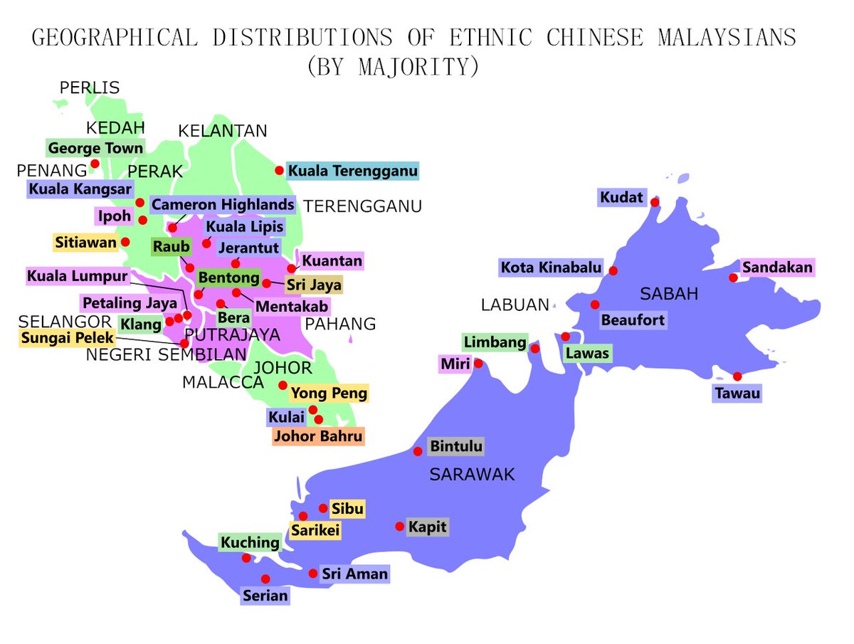 AymanRashdanW's tweet photo. Malaysia majoriti Hokkien, Hakka dan Kantonis. 3 suku ni mewakili hampir 80% Cina Malaysia. 

Dalam peta ni, hijau Hokkien, purple Kantonis, biru Hakka, kuning Foochow, oren Teochew.

Asabiyah orang Cina lagi kuat dari Melayu. Dewa yang disembah pun berbeza dari suku ke suku. https://t.co/talJsB8GS9