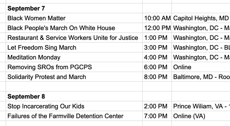 dcteensaction's tweet photo. All of the protests/related events we’ve found for September 7th and 8th in DC, Maryland, and Virginia :)
DM us if you want us to send you the flyer/address/other info for any of the listed protests! 
#DCProtests #DMVProtests https://t.co/6Mk6o53qiw