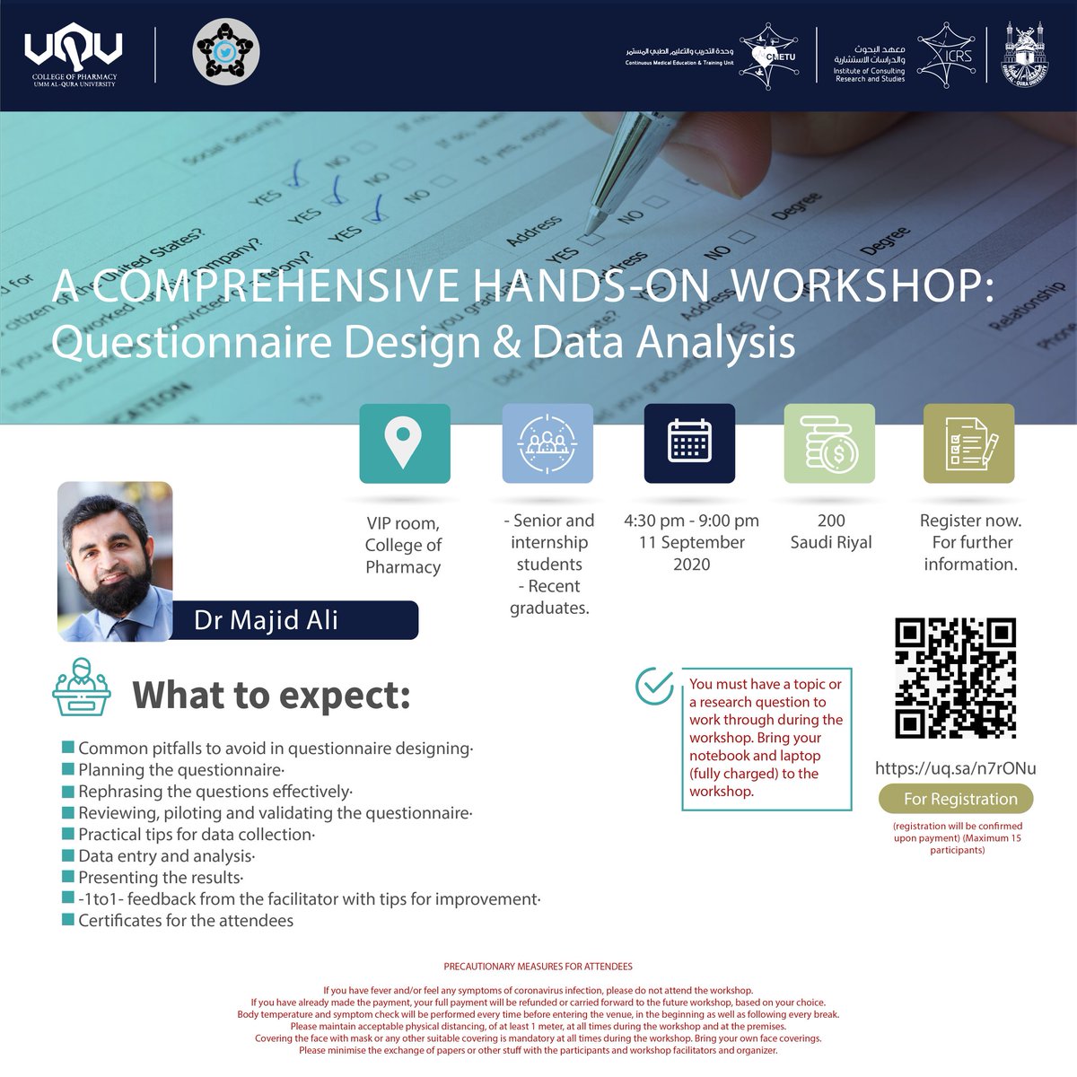 ICRSUQU's tweet photo. Does your research involve questionnaire survey and you want to learn the nitty-gritty of questionnaire designing?! If Yes, do not miss the chance to attend this workshop from 4:30 pm - 9:00 pm in 
 11 September 2020.. #ICRS_UQU https://t.co/QhDaIUFGtv