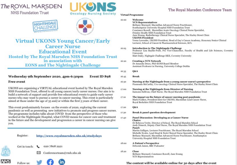 Constance Rowell (@constancerowell) on Twitter photo Last chance to sign up for the <a href="/UKONSmember/">UKONS</a> <a href="/trmeducation/">The Royal Marsden School and Conference Team</a> YCN/ECN virtual event taking place on Wednesday! We have some fantastic speakers lined up!
<a href="/royalmarsdenNHS/">The Royal Marsden NHS Foundation Trust</a> <a href="/m_worm/">Mark Foulkes🏳️🌈 (He, Him)</a> <a href="/CNEamonn/">Eamonn Sullivan</a> <a href="/rebeccaverity26/">Rebecca Verity</a> <a href="/druryal/">Amanda Drury</a> <a href="/VernaLavender/">Verna Lavender</a> <a href="/boywonder1989/">Martin Galligan</a> <a href="/cancernurseEU/">@cancernurseEU</a> ow.ly/Kkhj50B3kv4 Last chance to sign up for the <a href="/UKONSmember/">UKONS</a> <a href="/trmeducation/">The Royal Marsden School and Conference Team</a> YCN/ECN virtual event taking place on Wednesday! We have some fantastic speakers lined up!
<a href="/royalmarsdenNHS/">The Royal Marsden NHS Foundation Trust</a> <a href="/m_worm/">Mark Foulkes🏳️🌈 (He, Him)</a> <a href="/CNEamonn/">Eamonn Sullivan</a> <a href="/rebeccaverity26/">Rebecca Verity</a> <a href="/druryal/">Amanda Drury</a> <a href="/VernaLavender/">Verna Lavender</a> <a href="/boywonder1989/">Martin Galligan</a> <a href="/cancernurseEU/">@cancernurseEU</a> ow.ly/Kkhj50B3kv4