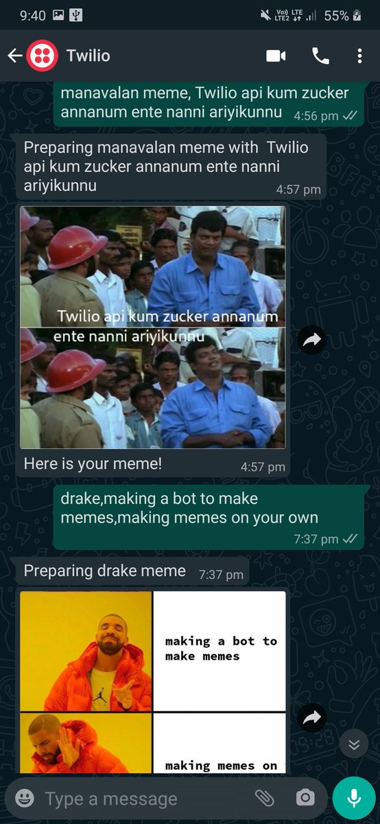 sreeramvnkitesh's tweet photo. So I made a WhatsApp meme bot with @twilio Its not 100% perfect but I had fun making it. Also it'd have been cool if the API supported messaging to groups, instant memeing with friends https://t.co/UaVXxYqY1d