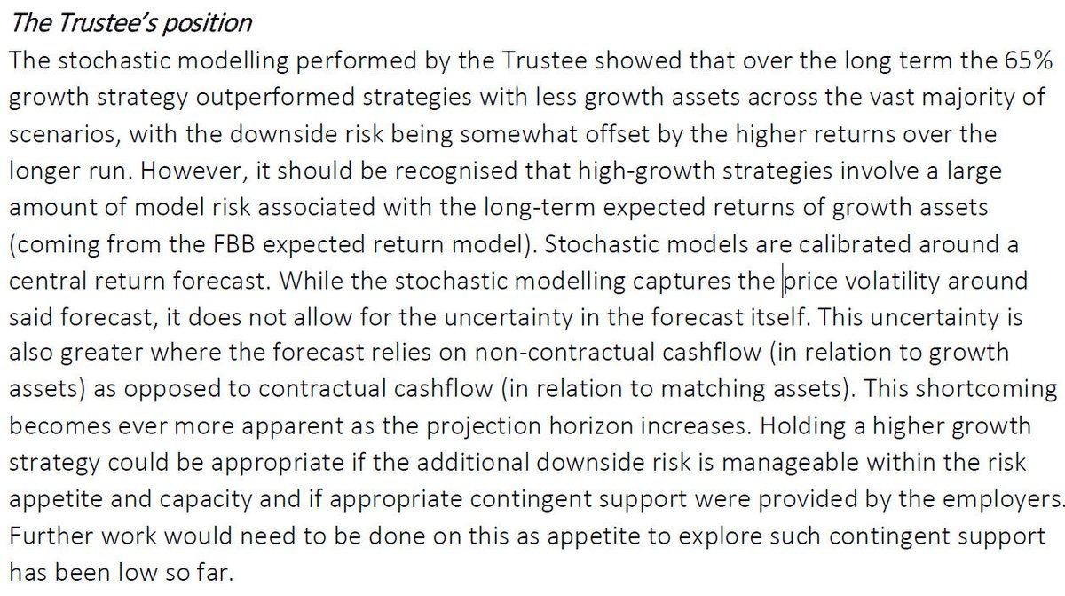 And now a crucial question: what evidence that de-risking helps the scheme? The analysis discussed at the VMDF suggested it didn't. But don't worry: the very same  #USS that put all its faith in model-driven de-risking now explains why its best to treat models with caution! 10/