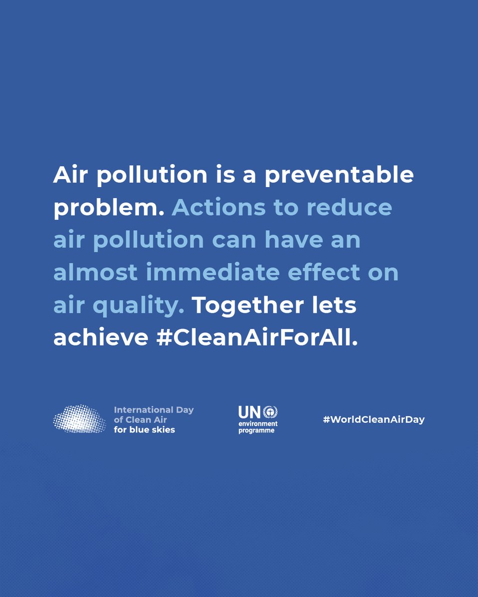 UNEP's tweet photo. Today, for the first time ever, the world will join together to mark the @UN’s International Day of Clean Air for blue skies. The theme for 2020 is #CleanAirForAll.

Improving our air quality will bring health, development &amp; environmental benefits.

https://t.co/fiGeixDjHi https://t.co/xk28QRGf1S