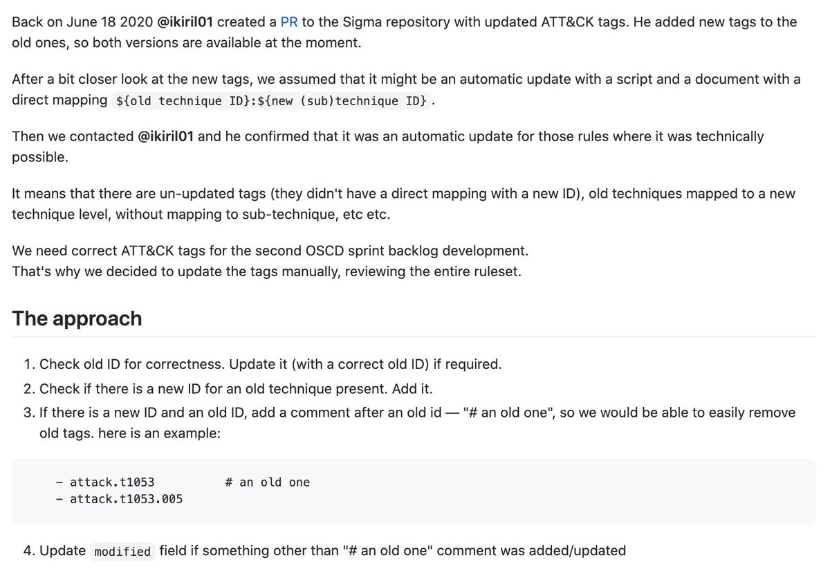 Reviewed and updated <a href="/MITREattack/">ATT&CK</a> tags in all <a href="/sigma_hq/">sigma</a> project rules. On the way to the second Sprint!  Thanks to <a href="/zinint/">Timur Zinniatullin</a> <a href="/aw350m33/">Anton Kutepov</a> <a href="/Z3Jpa29z/">Константин</a> <a href="/zipa_original/">Alexey Lednev</a> <a href="/IOchkov/">Ilyas Ochkov</a>, you guys did a great job.

github.com/Neo23x0/sigma/…