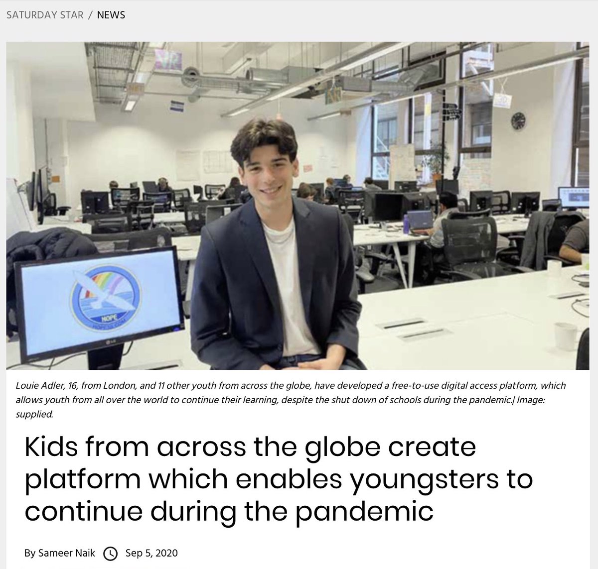 humanitarianop's tweet photo. The 16-year old Chairman of @HOPE3G_ spoke to @SaturdayStar last week! 🚀

Check out Louie's interview below 👀

https://t.co/Y867yTh318

#hope #hope3g #education #educationmatters #digitallearning #onlinelearning #BackToSchoolSafely #BackToSchool2020 #learning #learningfromhome https://t.co/h7f73LaDww