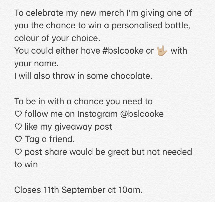 BslCooke's tweet photo. Follow the instructions below to have a chance to win a NEW BSLCooke Water Bottle 💓

#bemorelayla #bsl #sse #giveaway #bslcookemerch #deaf https://t.co/tzc1iF1Uk6
