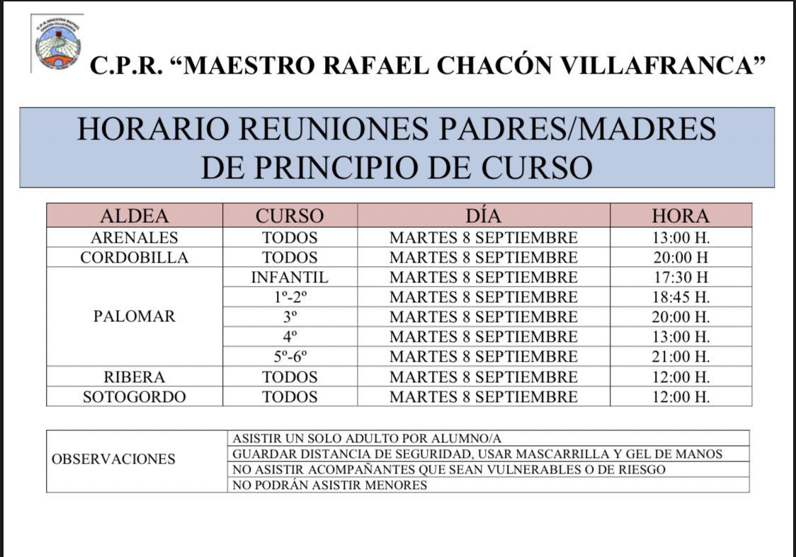 CPRMaestroRCV's tweet photo. IMPORTANTE ‼️
Horario reuniones informativas madres/padres sobre el inicio de curso.
#escuelarural #VueltaAlColeSegura https://t.co/UB5M4OKY0d