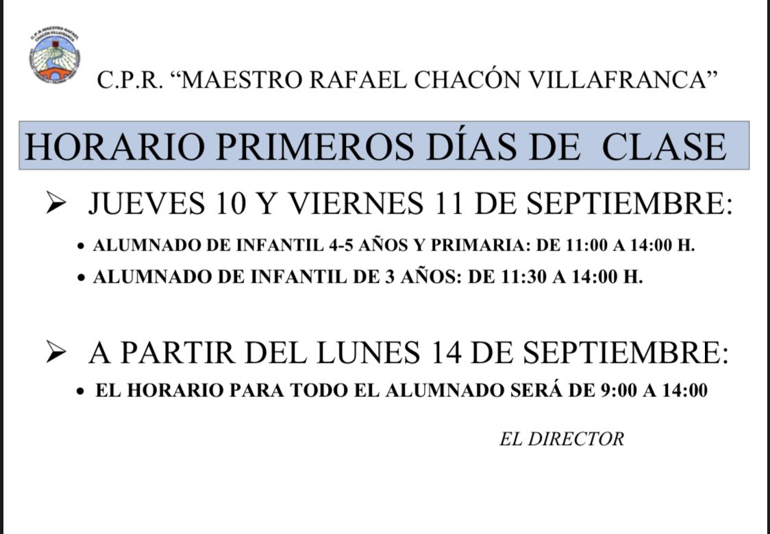 CPRMaestroRCV's tweet photo. IMPORTANTE❗️
Horario para los primeros días de clase para nuestro alumnado de infantil y primaria. 
#escuelarural #VueltaAlColeSegura https://t.co/vSEx6DC6dQ