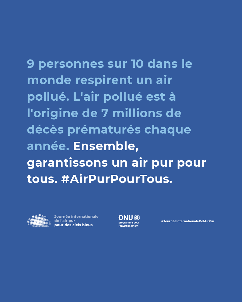 9 personnes sur 10 dans le monde respirent un air pollué.
Il s'agit d'une urgence de santé publique de portée internationale qui exige notre action.

Pour la #JournéeMondialeDelAirPur, agissez pour obtenir un #AirPurPourTous avec @UNEP_Francais : cleanairblueskies.org/fr