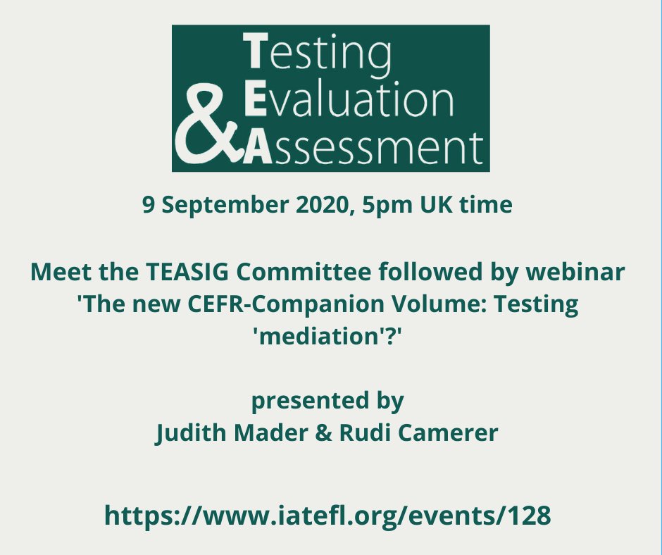 iatefl's tweet photo. Discuss how the new CEFR Companion has developed the concept of mediation in this IATEFL TEASIG webinar, meet the TEASIG team and find out about their work in #testing and #assessment. No need to register and it's free! Find out more https://t.co/RJT3A94xw4
#TEASIG #IATEFL https://t.co/DpS3yjbtTk