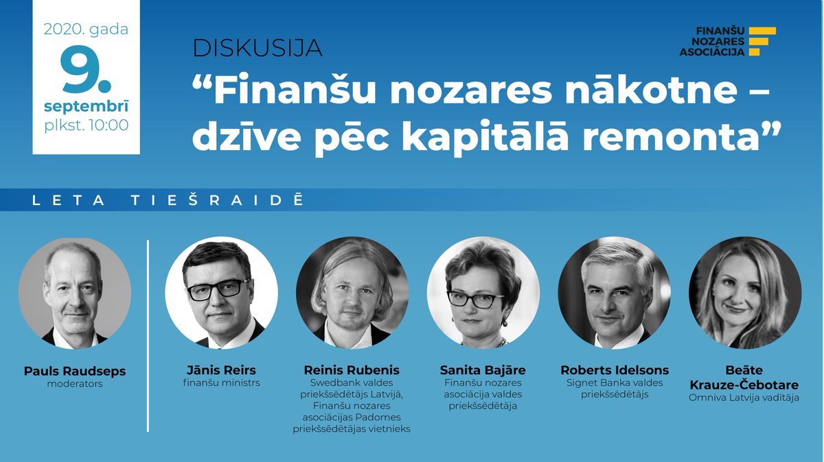 FinanceLatvia's tweet photo. 🎥Aicinām 9.septembrī tiešraidē pievienoties diskusijai par aktualitātēm finanšu nozarē, kā arī par kapitāla tirgus attīstību un ilgtspējīgas finansēšanas lomu nākotnē, kas ir viena no finanšu nozares attīstības plāna prioritātēm.
@Finmin | @SwedbankLatvia |#SignetBank |#Omniva https://t.co/qxLwWau9YF